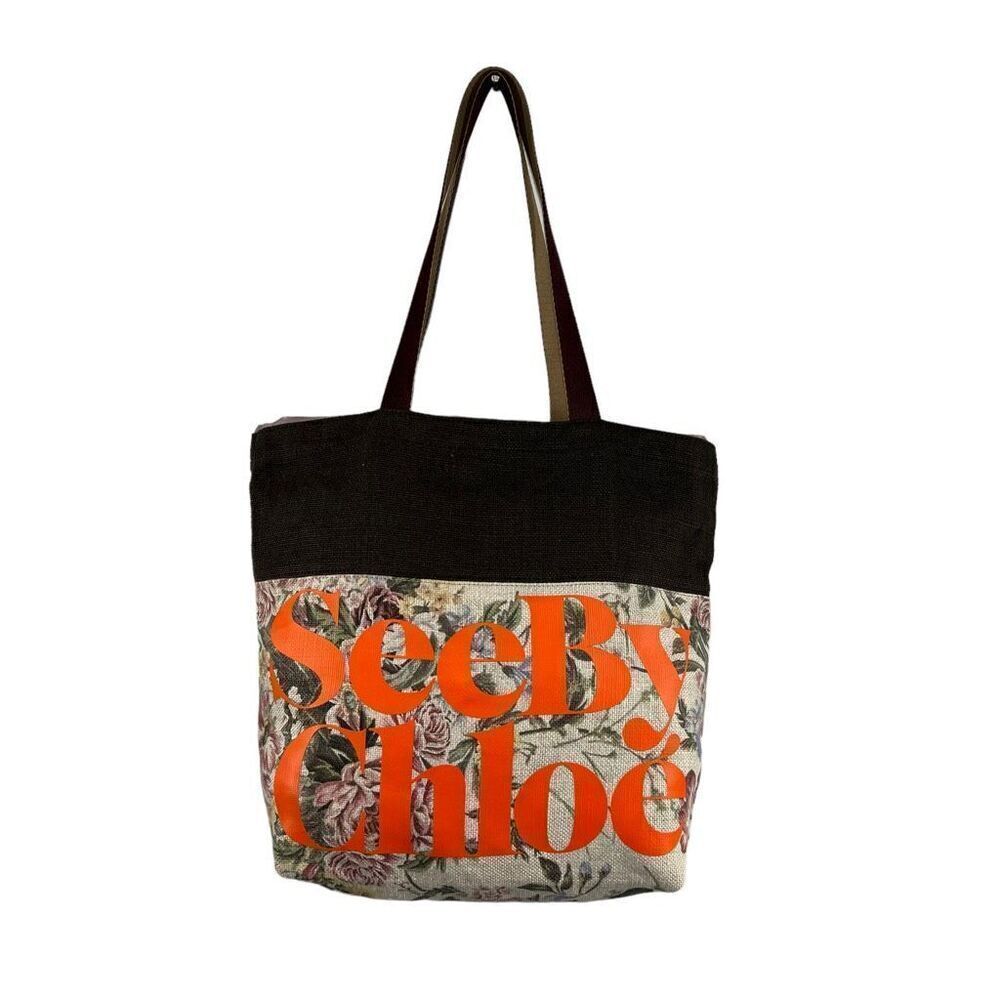 See By Chloé Floral Canvas Casual Style Logo Beige Brown and Purple Tote Bag